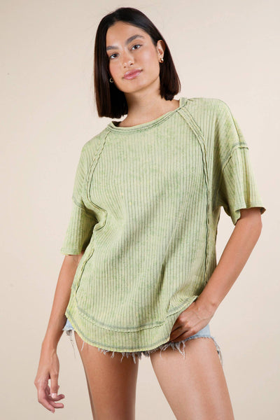 VERY J - NT12086-Mineral Washed Oversized Ribbed Knit Casual Top: CORAL / S-M-L/2-2-2