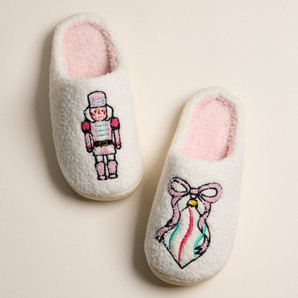 Fuzzy Holiday Slippers with Nutcracker and Ribbon Ornament