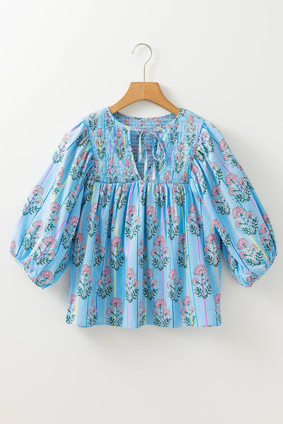 66DISCO - Floral Striped Print Tie Shirred Splie Neck Blouse (S-XL): Blue / Missy / S