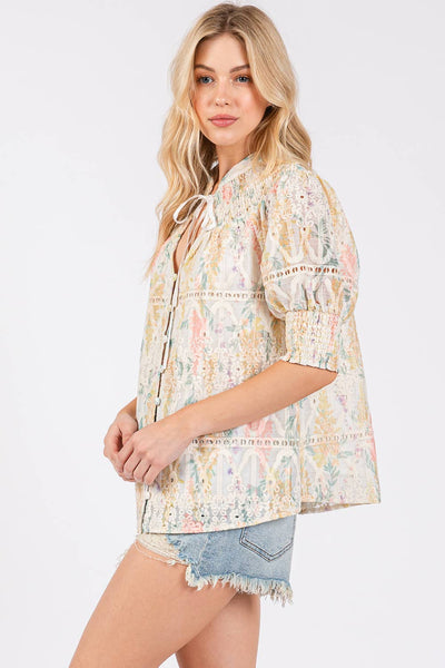 GeeGee Clothing - Natural Eyelet Lace Short Sleeve Blouse, OT50981: Yellow Multi / M