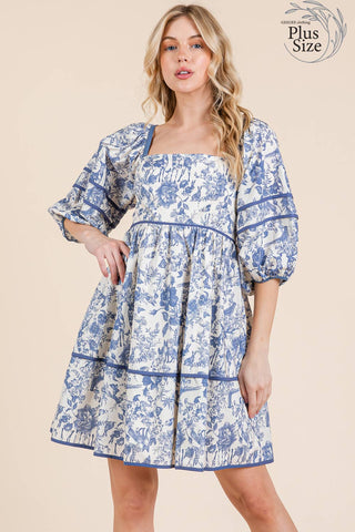 GeeGee Clothing - Plus Floral Tiered Mini Dress, MD51614PL: Cream/Blue / 3XL