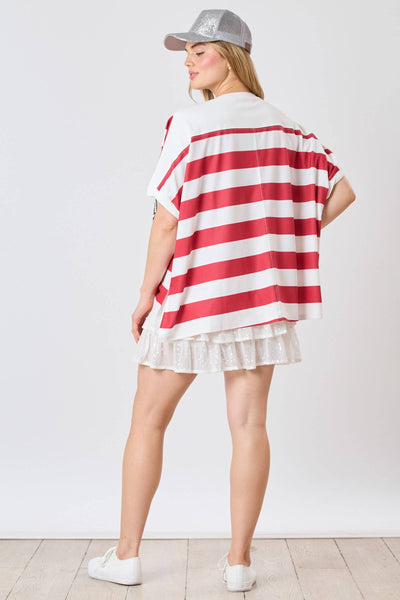 Fantastic Fawn - Football Sequin Bold Stripe Loose Fit Top - Preorders: WHITE/CRIMSON / L