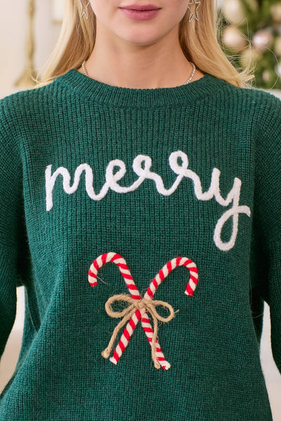 Main Strip - Merry Sweater With 3D Candy Cane Embroidery: HUNTER GREEN / 2XL