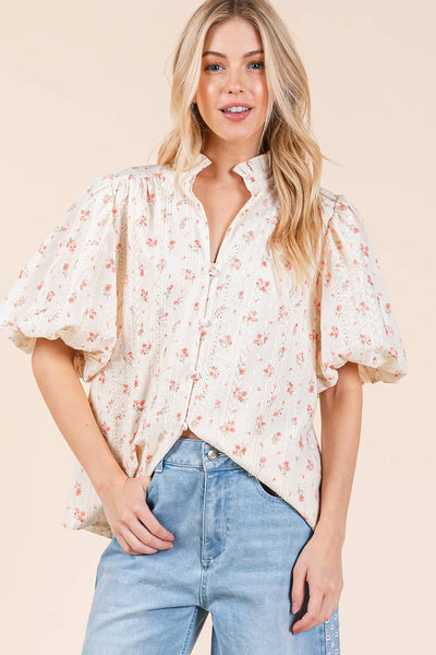 GeeGee Clothing - Plus Floral Eyelet Lace Button Up Blouse, MT51253PL: Cream/Coral / 1XL