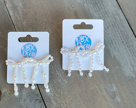 OBX Prep - Bow and Ribbon Pearl Dangle Earrings: Varying size Pearls