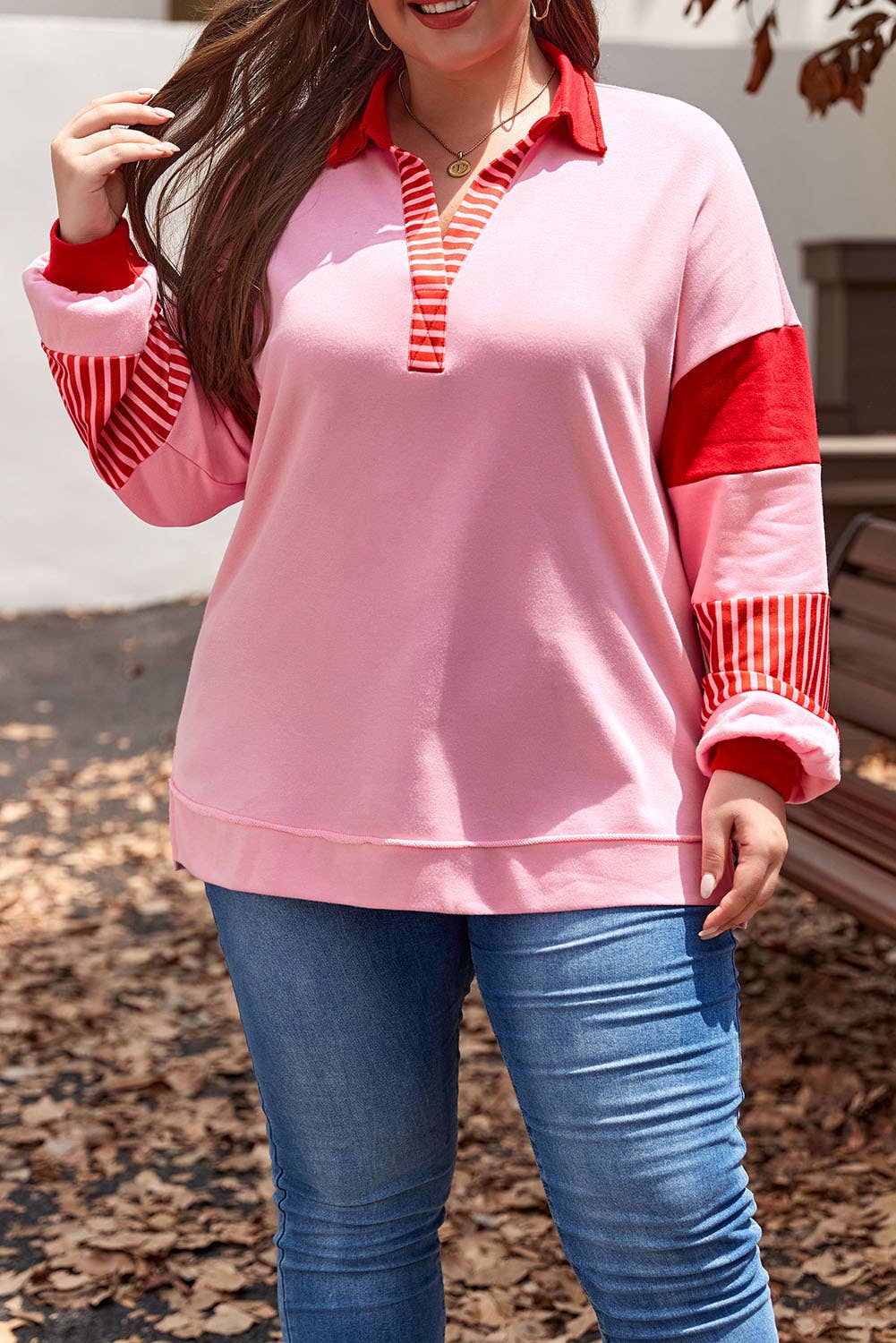 66DISCO - Plus Size Striped Patchwork V Neck Sweatshirt: Pink / Plus Size / 2X