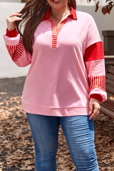 66DISCO - Plus Size Striped Patchwork V Neck Sweatshirt: Pink / Plus Size / 1X