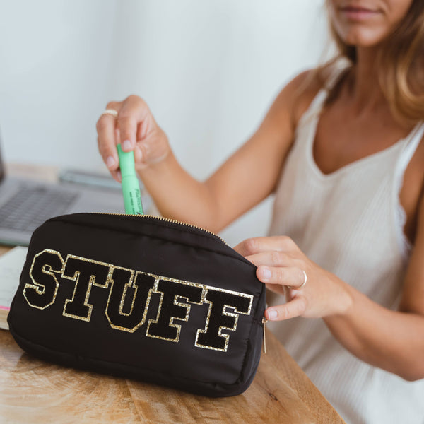 Natalia - Preppy Nylon Chenille Letter Travel Makeup Pouch - STUFF