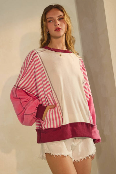 Oddi - Polar Fleece Color Block Sweatshirt: Pink Combo / L