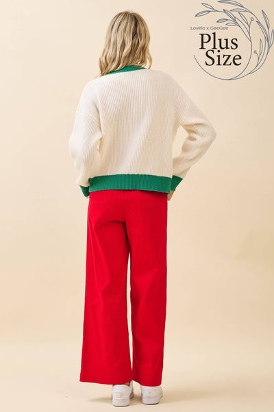 GeeGee x Lovelo - Plus 'Merry & Bright' Knit Sweater CT52384PL: Cream/Green / 2XL