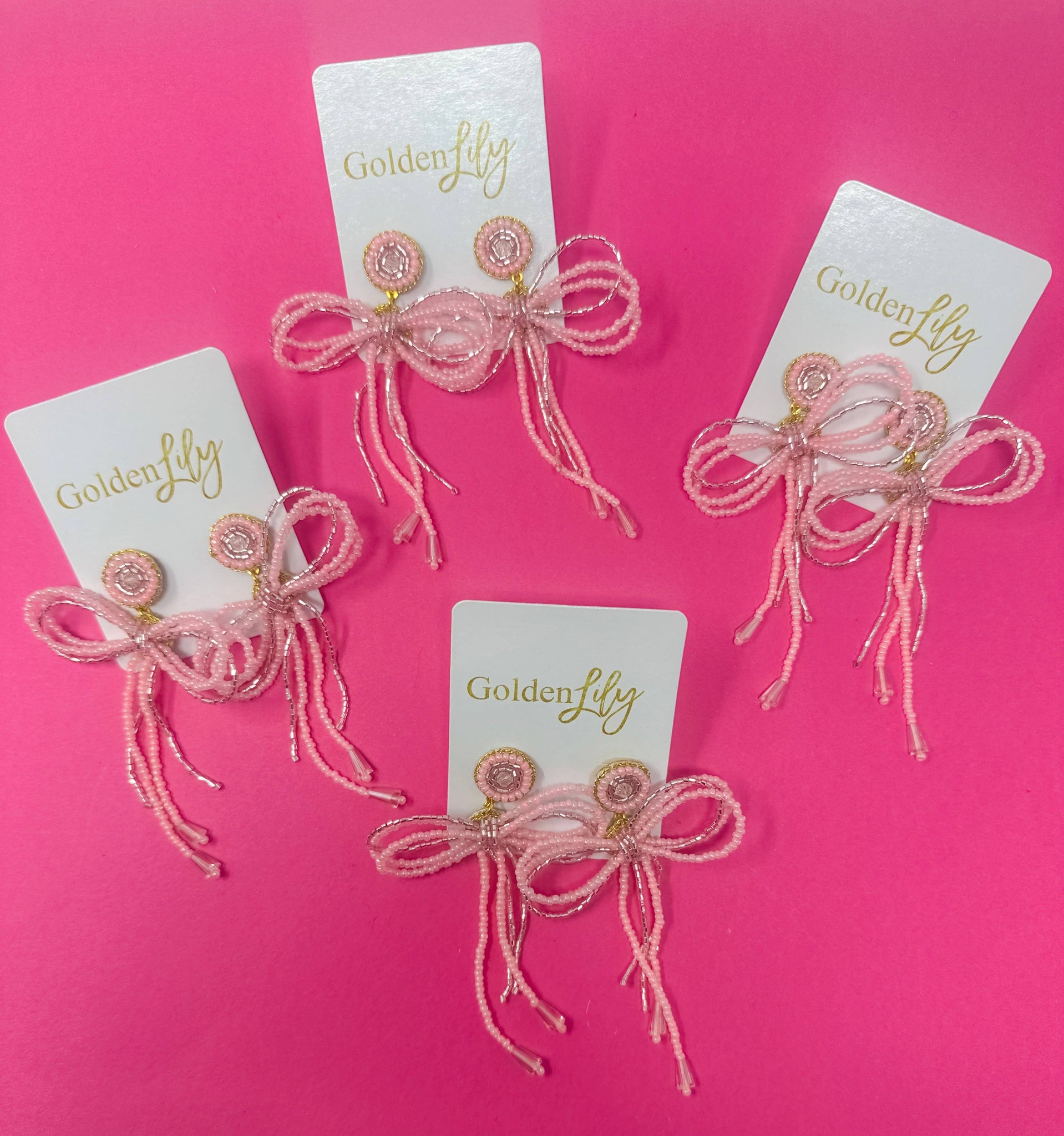 Golden Lily - Pink Beaded Bow Earrings