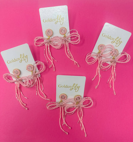 Golden Lily - Pink Beaded Bow Earrings