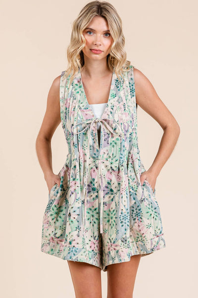 GeeGee Clothing - Plus Floral Eyelet Lace Pleated Romper, OR51432PL: Green Multi / 1XL