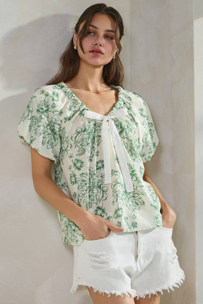 Oddi - Floral Printed Romantic Blouse: Green Multi / S