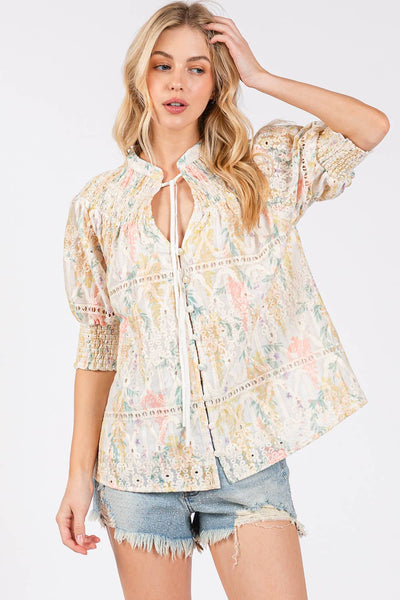 GeeGee Clothing - Natural Eyelet Lace Short Sleeve Blouse, OT50981: Yellow Multi / S