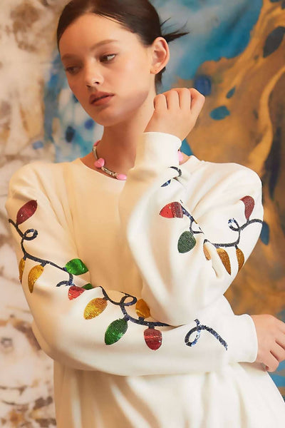 Main Strip - Christmas Light Sequin EMB fleece Top