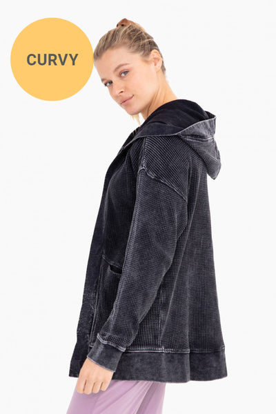 Mono B - CURVY Waffle Knit Mineral-Washed Cardigan: BLACK / 1XL:2XL:3XL (2:2:2)