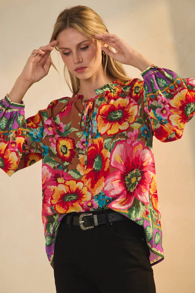 Oddi - Floral Border Printed Blouse: Navy Multi / L