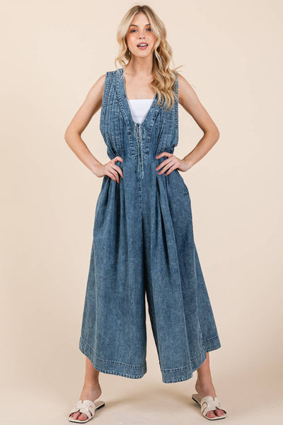 GeeGee Clothing - Plus Denim Pleated Jumpsuit, OR51131PL: Denim / 2XL