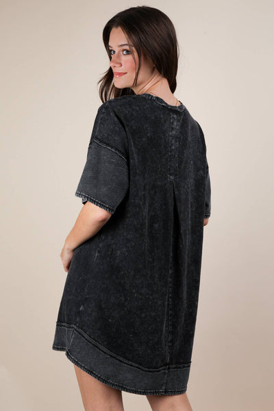 VERY J - ND31645X-PLUS Mineral Washed Comfy Casual Knit Mini Dress: BLACK / 1XL-2XL-3XL/3-2-1