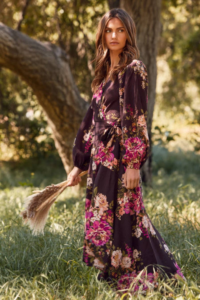 Oddi - Floral Printed Wrapped Midi Dress: Brown Multi / M