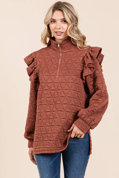 GeeGee Clothing - Quilted Half-Zip Pullover Top, MT50766: Cream / M
