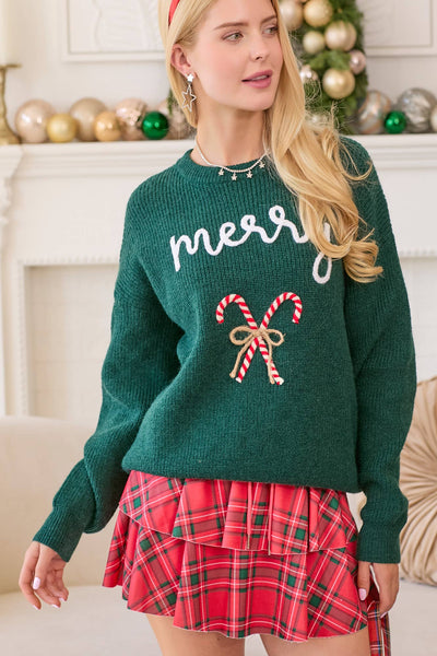 Main Strip - Merry Embroidered Holiday Sweater: HUNTER GREEN / L