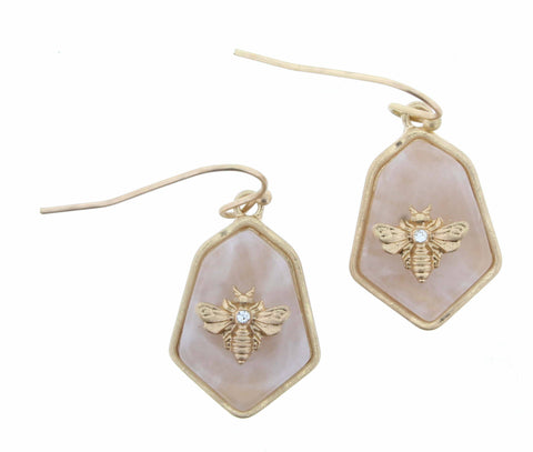 Jane Marie - Hexagon Rose Quartz Stone with Gold Bee Earring