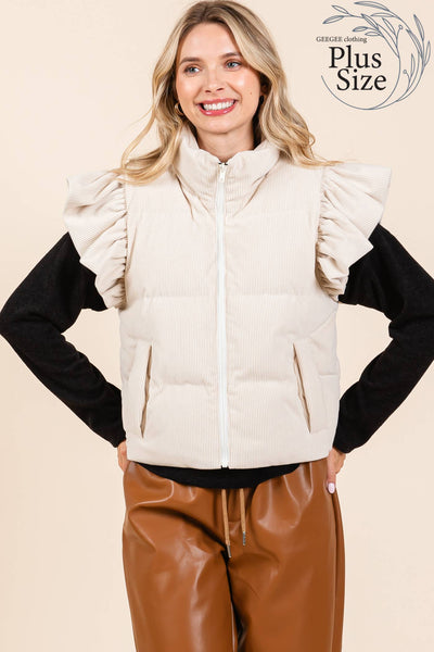 GeeGee Clothing - Plus Corduroy Ruffled Sleeve Puffer Vest, MJ50697PL: Cream / 2XL