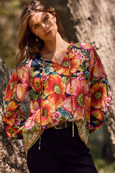 Oddi - Plus Floral Border Printed Blouse: Navy Multi / XL