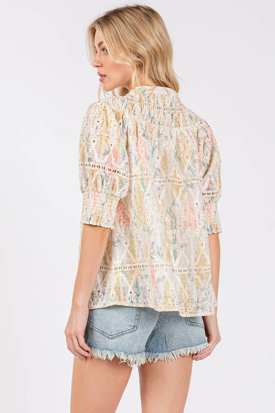 GeeGee Clothing - Natural Eyelet Lace Short Sleeve Blouse, OT50981: Yellow Multi / S
