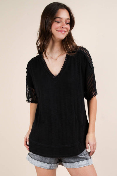 VERY J - NT12088X-PLUS SIZE Oversized Contrast Knit Comfy Casual Top: IVORY / 1XL-2XL-3XL/3-2-1