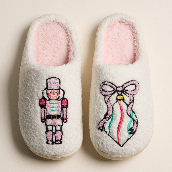 Fuzzy Holiday Slippers with Nutcracker and Ribbon Ornament