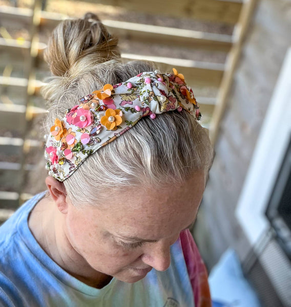OBX Prep - Corolla Pink and Orange Rhinestone and Seed Beaded Top Knot