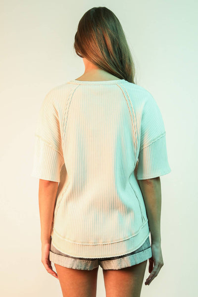 VERY J - NT12086-Mineral Washed Oversized Ribbed Knit Casual Top: BLACK / S-M-L/2-2-2