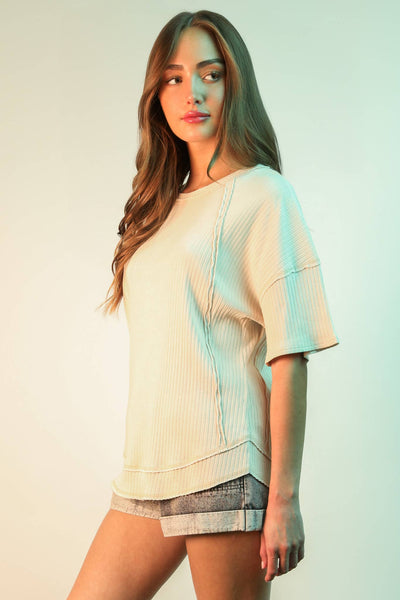 VERY J - NT12086-Mineral Washed Oversized Ribbed Knit Casual Top: DENIM / S-M-L/2-2-2