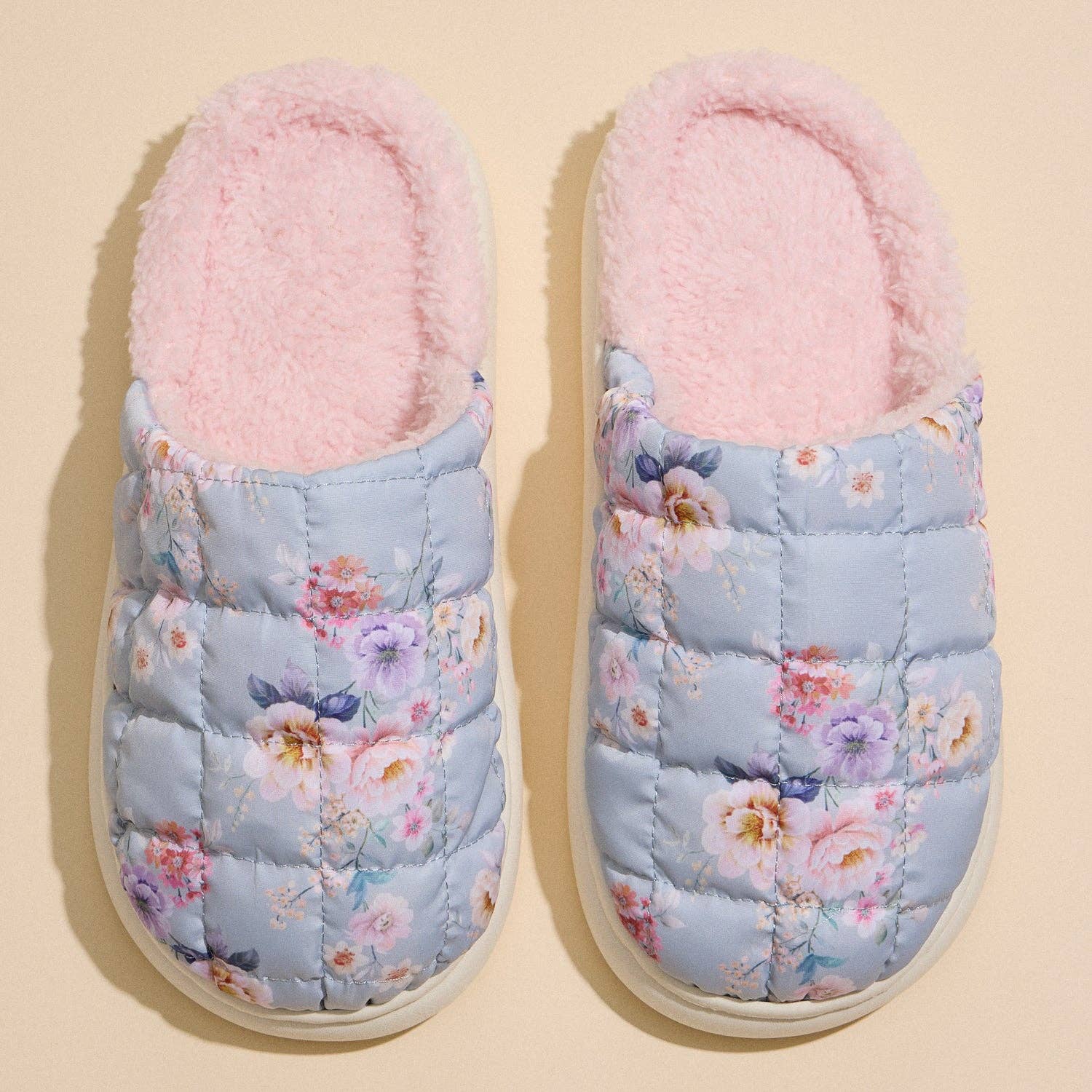 Quilted Puffy Slippers with Floral Print and Pink Lining