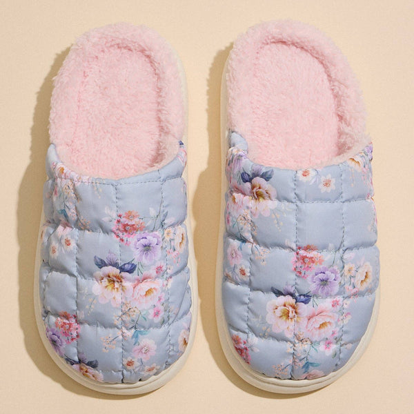 Quilted Puffy Slippers with Floral Print and Pink Lining