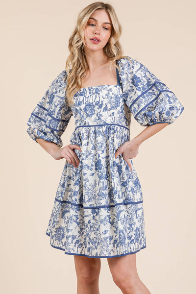GeeGee Clothing - Plus Floral Tiered Mini Dress, MD51614PL: Cream/Blue / 1XL