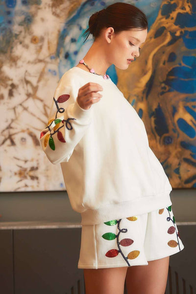 Main Strip - Christmas Light Sequin EMB fleece Top