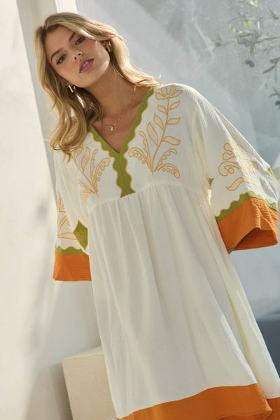 Oddi - Embroidered Plunge V Neck Mini Dress: Olive Combo / S