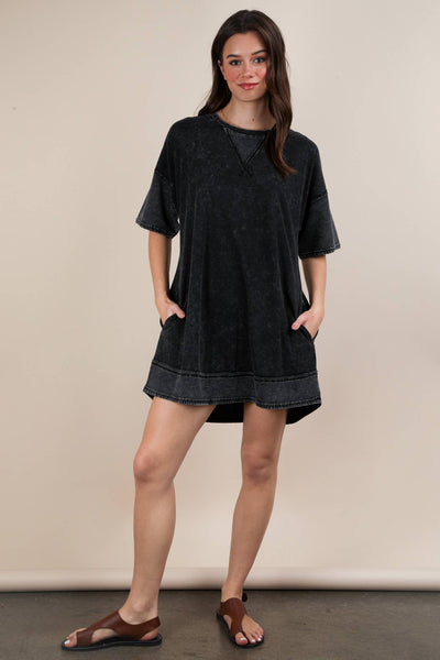 VERY J - ND31645X-PLUS Mineral Washed Comfy Casual Knit Mini Dress: BLACK / 1XL-2XL-3XL/3-2-1