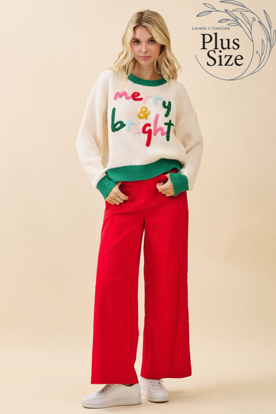 GeeGee x Lovelo - Plus 'Merry & Bright' Knit Sweater CT52384PL: Cream/Green / 2XL