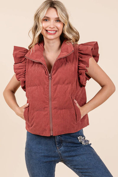 GeeGee Clothing - Corduroy Ruffled Sleeve Puffer Vest, MJ50697: Cream / L