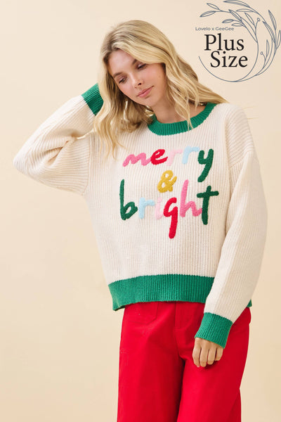 GeeGee x Lovelo - Plus 'Merry & Bright' Knit Sweater CT52384PL: Cream/Green / 2XL