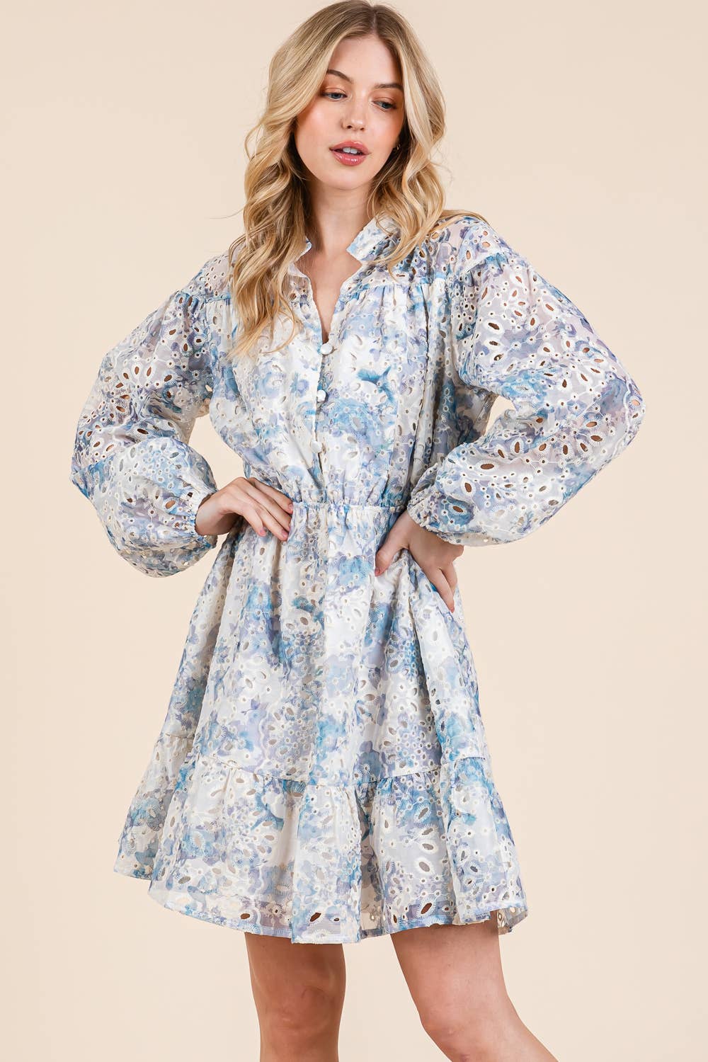 GeeGee Clothing - Floral Eyelet Lace Mini Shirt Dress, OD50845: Blue Multi / M
