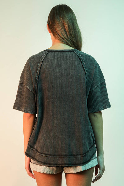 VERY J - NT12086-Mineral Washed Oversized Ribbed Knit Casual Top: CORAL / S-M-L/2-2-2