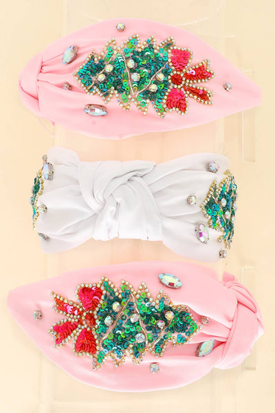 Sophia Collection - Christmas Tree Jeweled Top Knotted Headband : White