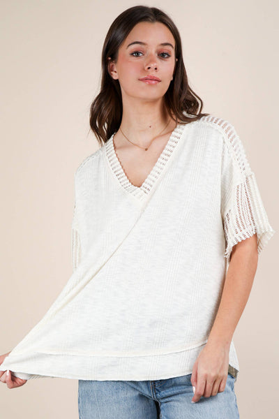 VERY J - NT12088-Oversized Contrast Knit Comfy Casual Top: IVORY / S-M-L/2-2-2