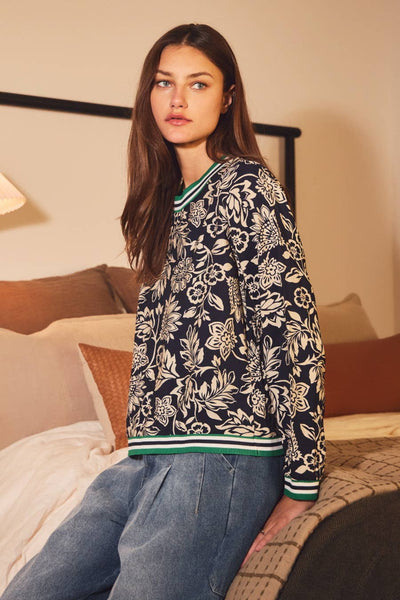 Oddi - Floral Print Knit Top: Navy Wave / L